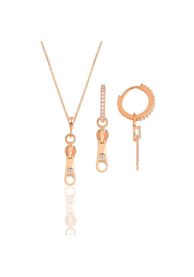 Gümüş Rose Zirkon Taşlı Fermuar Kolye Ve Küpe İkili Set