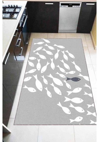 Gri Kaymaz Tabanlı Yıkanan Balık Desenli Mutfak Halısı Ar829n11