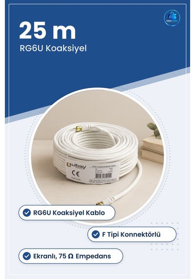 Uydu Anten Kablosu 25 M Rg6u Ω Koaksiyel F Tipi Konnektörlü Ekran