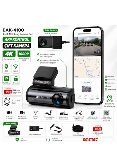 Emenec Eak-4100 4k Ultra Hd Akıllı Çift Araç İçi Kameras Seti - Türkçe Menü Ve Uygulama, Gps, Wi-fi, Park Modu + 64gb Kart