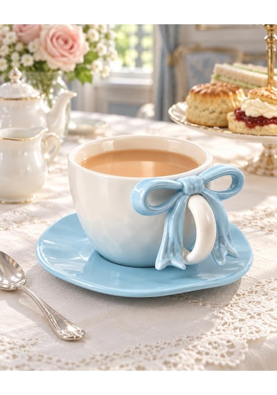 Valkyrie Ribbon Serisi 2 Parça 380 Ml Mavi Fiyonklu Tabaklı Çay Kahve Kupa Fincan Seti