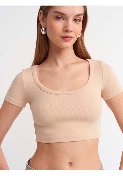 Dilvin Kısa Kollu Crop Top Bej Açık Bej