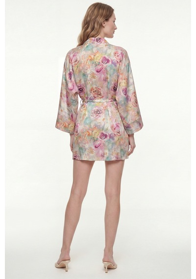 Fumee Marguerite Desenli Kısa Saten Sabahlık / Kimono