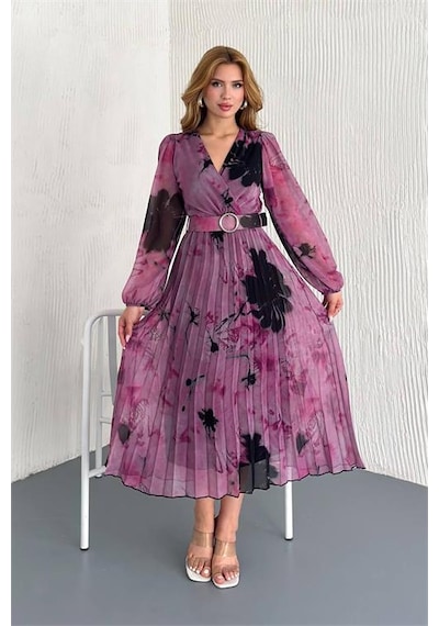Neşeli Butik Kadın Kemerli Kruvaze Yaka Desenli Şifon Elbise Nbk20302 Pembe