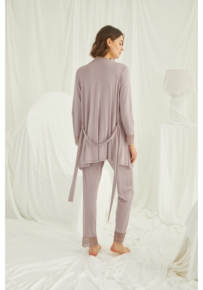 Lohusa Sepeti Lohusasepeti Sabahlıklı Dantelli Omuz Lohusa Pijama Takımı Vizon - 18441 001