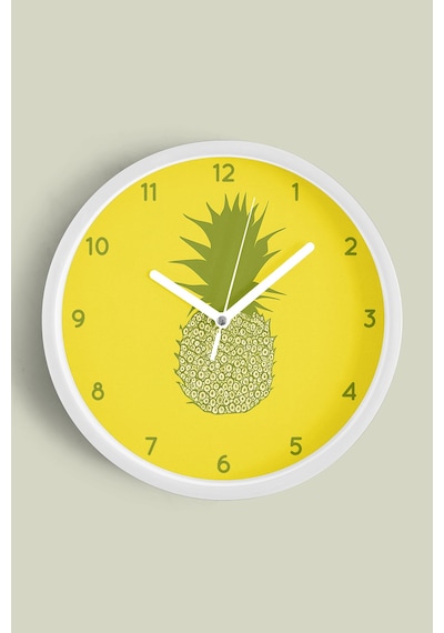 Ananas Tasarımı Mutfak Duvar Saati - 42cm - Önü Camlı Beyaz Kasa - Sessiz Mekanizma Beyaz