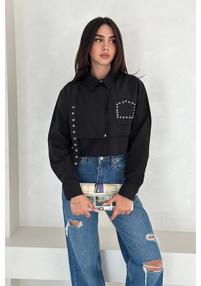 Asprin Fashion Kuş Gözlü Paraşüt Gömlek Siyah Siyah