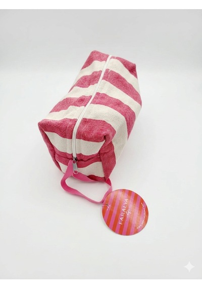 Faralyalife Çizgili Fermuarlı Taşıma Kulplu Makyaj Çantası 20x20 Cm %70 Pamuk %30 Polyester Kozmetik Kadın Makyaj Çantası
