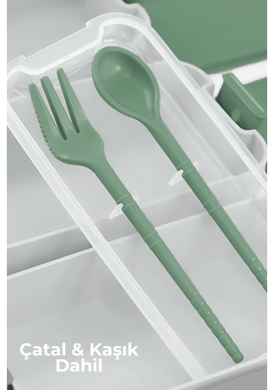 3 Katlı Bölmeli Lunchbox - Kilitli - Taşıma Saplı - Kaşık & Çatal Dahil Yeşil