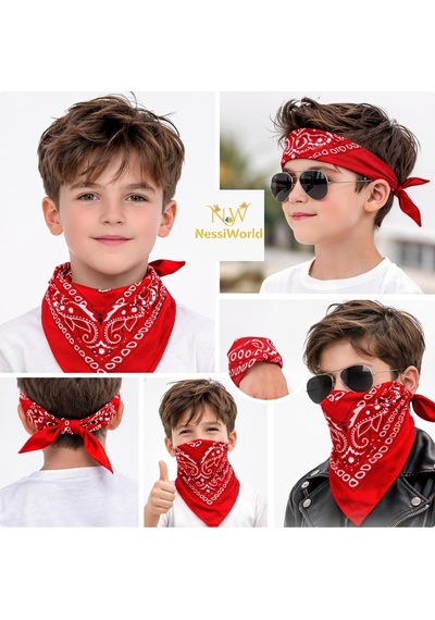 Kırmızı Kovboy Fuları Çocuk Bandana Western Desenli Boyun Fuları Açık Bej