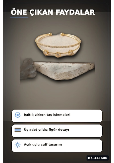Bay Pirinç Zirkon Taşlı Yıldız Desen Gold Renk Bileklik - 1 Adet Bayan Takı Bx-313606 Najmaddin Standart