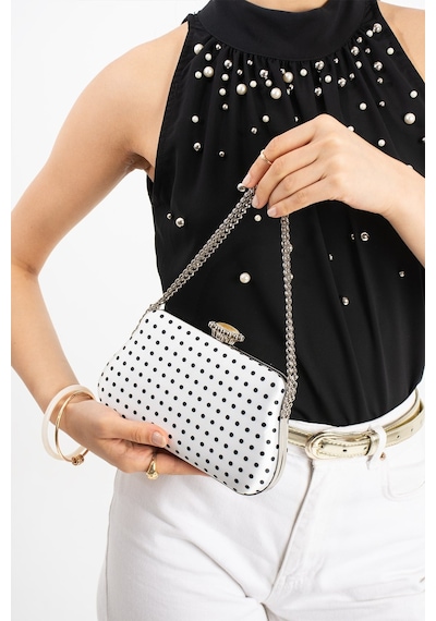 Lebibe Shoes Polkıa Beyaz Saten Kumaş Puantiye Desenli Zincir Askılı Klips Kapamalı Clutch Çanta