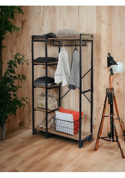 Ahşap Raflı Metal Askılık Ayakkabılık Portatif Portmanto Gardırop