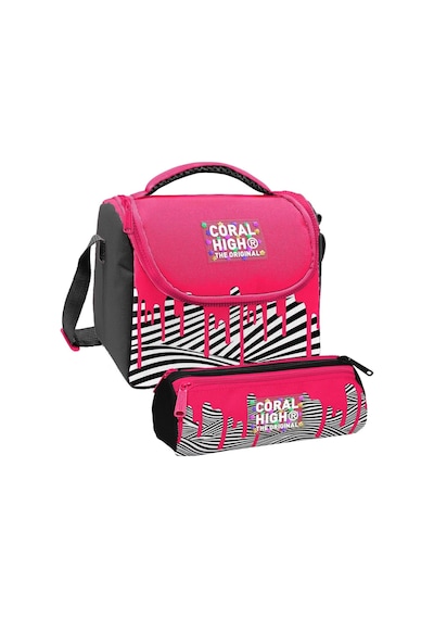 Coral High Kız Çocuk Pembe Siyah Beyaz Boya Desenli Thermo Beslenme Çantası Ve Üç Bölmeli Kalemlik Seti Çok Renkli