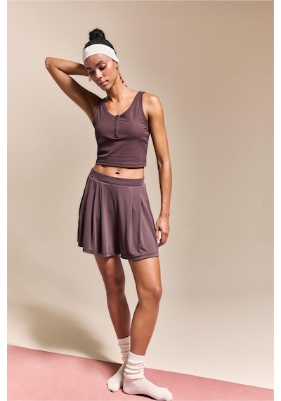 Defacto Esnek Kumaş Crop Top Düğmeli Yaka Sporcu Kahverengi Atlet H1218ax26hsbn130 Kahve-bn130