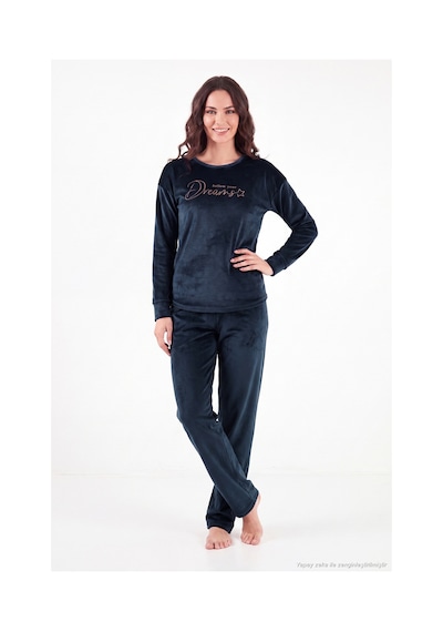 Lela Bisiklet Yaka Yumuşak Dokulu Parlak Kadife Pijama Takımı Kadın Pijama Takımı 6094209 Lacivert