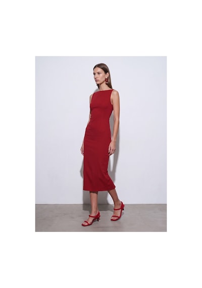 Dilvin 91099 Extra Slim Fit Midi Elbise-kırmızı-16464