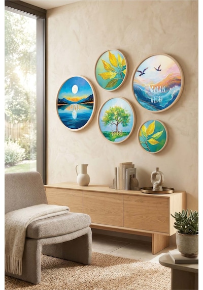 Yuvarlak Ahşap Çerçeveli Renkli Minimalist Sevgi Sözü Tablo Seti