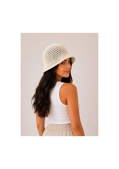 Hıra Co. Naturel Fileli Ajurlu El Örgüsü Pamuklu Bohem Bucket Kadın Şapka Bej Bej