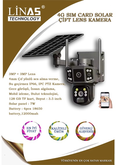 3mp+3mp 4g Sim Card Solar Çift Lens Kamera