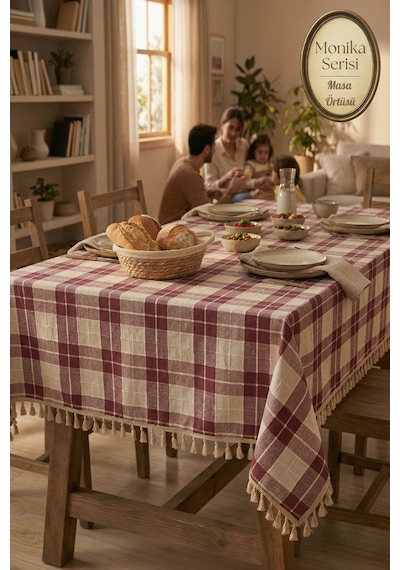 Monika Serisi Vintage Bohem Püsküllü Masa Örtüsü - Otantik %100 Doğal Bordo Buldan Sofra Örtüsü