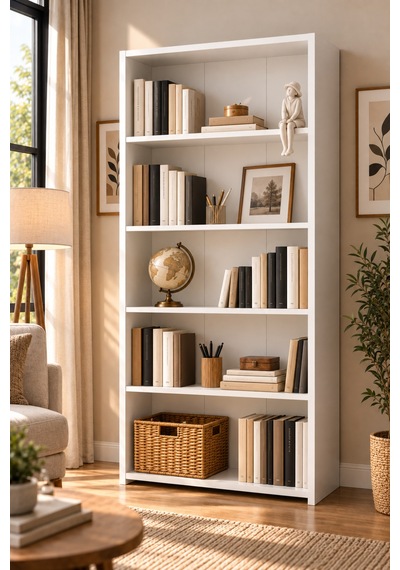 Zeta 5 Raflı Kitaplık Beyaz Modern Dekoratif Kitaplık Çok Amaçlı Raflı Dolap Beyaz Beyaz