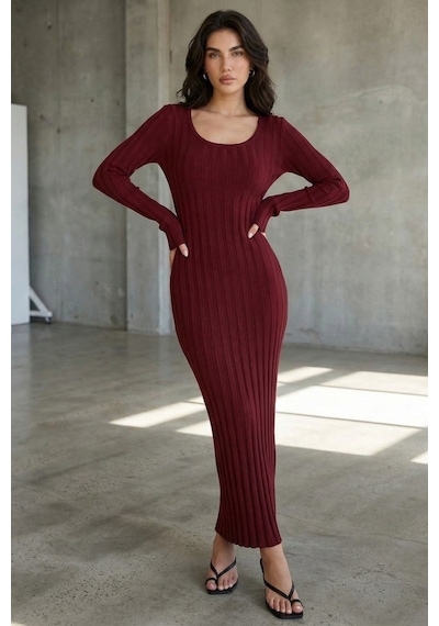 Bordo Vücuda Oturan Fitilli Triko Midi Kadın Elbise Mg2691 Bordo