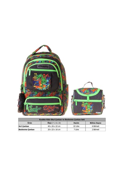 Kaukko Kids Street Erkek Çocuk Siyah - Yeşil İlkokul Sırt Çantası Ve Beslenme Çanta Seti - Setkk-l5414b Çok Renkli