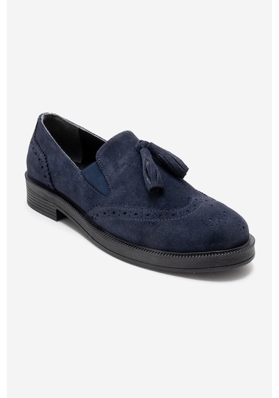 Luvishoes Alex Lacivert Süet Hakiki Deri Püsküllü Lastikli Kadın Loafer Ayakkabı Lacivert