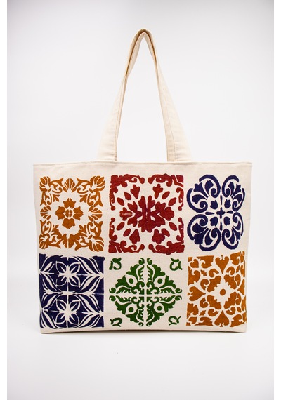 Fabric Craft Bag Kanvas Plaj Çantası Büyük Boy Astarlı Desenli Omuz Çantası Küçük Çantalı 50x35 Krem
