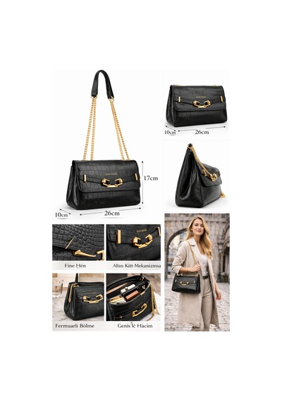 Dukidaso Siyah Kroko Desenli Altın Zincir Askılı Kadın Omuz Çantası Siyah T8311