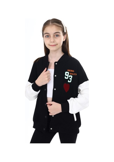 Toontoy Kız Çocuk Kolej Yaka Çıtçıt Kapama Cepli Düşük Omuz Baskılı Renk Bloklu Örme Hırka - 2 İplik Şardonlu Siyah