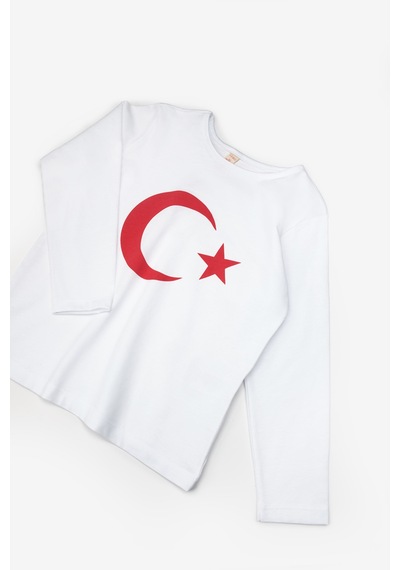 Le Mabelle Beyaz Ay Yıldız Baskılı Uzun Kollu Çocuk Tişört Beyaz