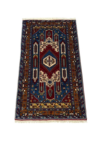 El Dokuması Yahyalı Halısı 110x190 Kırmızı Lacivert Kök Boyası Yün Halı