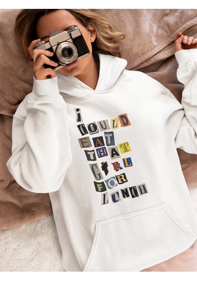 Sevbano Billie Eilish Lunch Baskılı Unisex Oversize Şarkıcı Hoodie beyaz