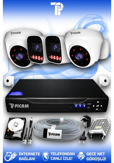 Picam 4 Kameralı Zebra 2 İç Kamera Set 1 Tb 5 Mp 2k Net Gece Görüşlü Güvenlik Kamerası Sistemi