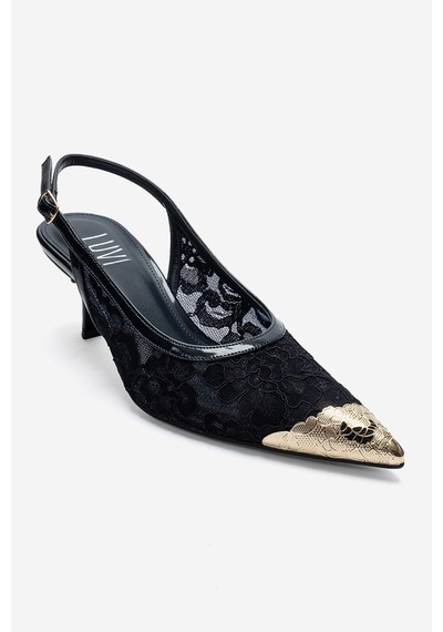Luvi Shoes Clem Lacivert Dantel Detaylı Altın Burunlu Kadın Topuklu Ayakkabı