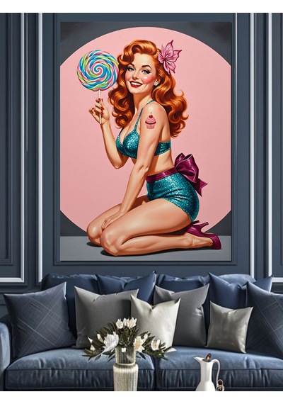 Ahşap Tablo Sarmal Şeker Yiyen Pin-up Kız İnsan Figürlü Tablolar