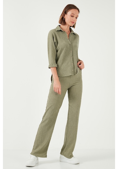 Lela Slim Fit Yüksek Bel Geniş Paça Dokulu Bayan Pantolon 5865944 Olive