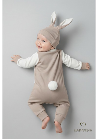 Babyden's Bebek Tavşanlı Tulum Şapka Set %100 Pamuklu Çıtçıtlı,ayarlanır Ponponlu Unisex Yenidoğan Tulum Seti Bej