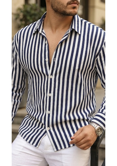 Etiler Collection Erkek Dikey Çizgili Yarım Oversize Gömlek Lacivert