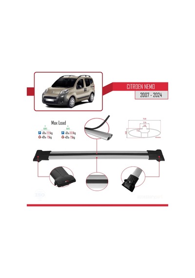 Citroen Nemo 2007 Ve Sonrası İle Uyumlu Fly Model Ara Atkı Tavan Barı Gri 3 Adet Bar