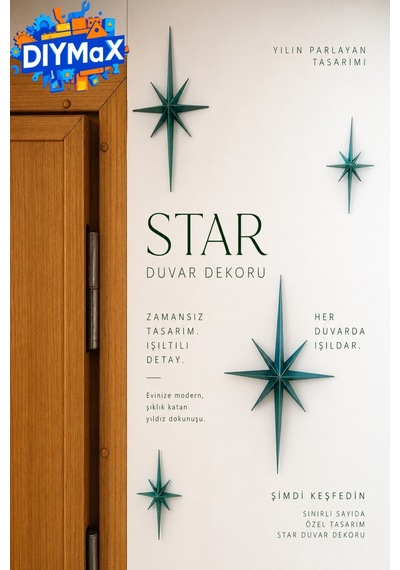 Yıldız Duvar Dekoru 4'lü Set Mid-century Modern Starburst Dekoratif Duvar Süsü - Sari Sarı