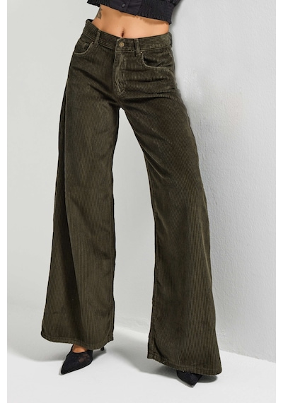 Itsbasic Kadın Haki Renk Hera 26w5-15 Palazzo Fit Kalın Fitilli Velvet Kadife Kumaş Pantolon