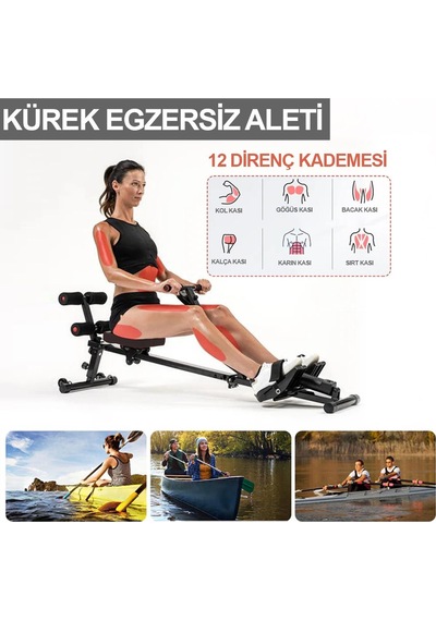 Hidrolik Katlanabilir Kürek Çekme Aleti Gösterge Ev Kardiyo Tüm Vücut Egzersiz + Direnç Lastiği