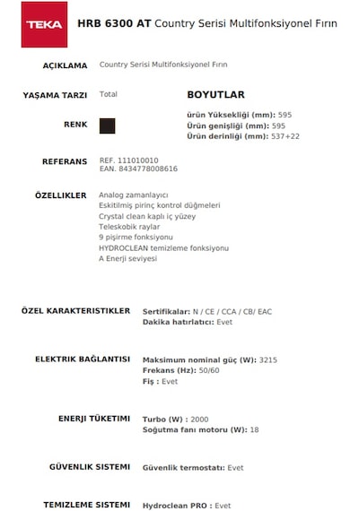 Teka HRB 6300 AT 70 L Ankastre Multifonksiyonel Zamanlayıcılı Country Fırın