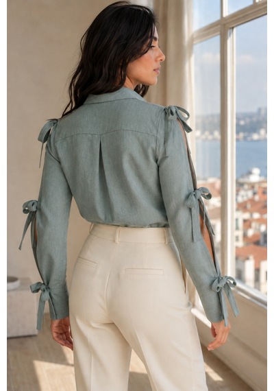Armonika Kadın Mint Kolları Yırtmaçlı Bağcık Detaylı Gömlek Arm-26y001058