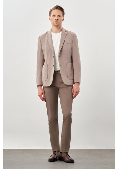 İmza Koyu Vizon Kazayağı Desen Örme Mono Yaka 2 Düğme 6 Drop Slim Fit Classic Ceket 1002245166 405 Koyu Vizon