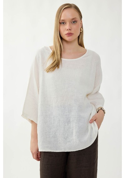 Vitrin %100 Keten Geniş Yaka Oversize Kısa Kol Bluz Krem