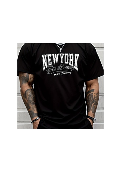 Caddemia Yazlık New York Harfli Baskılı Gündelik Bol Spor Rahat Yuvarlak Yaka Kıs Siyah 2XL